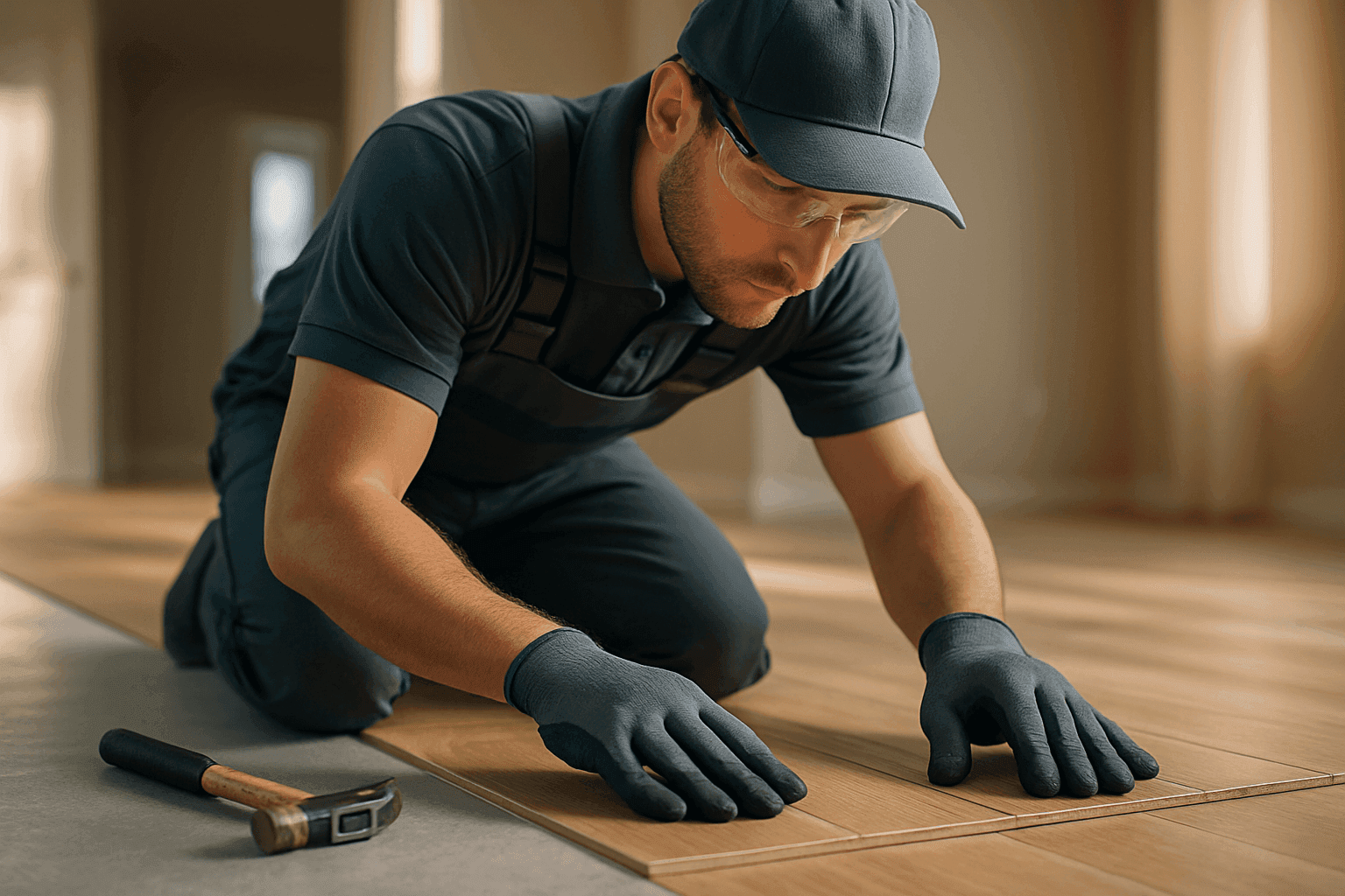 Hands in gloves installing hardwood flooring in a clean, well-lit indoor workspace