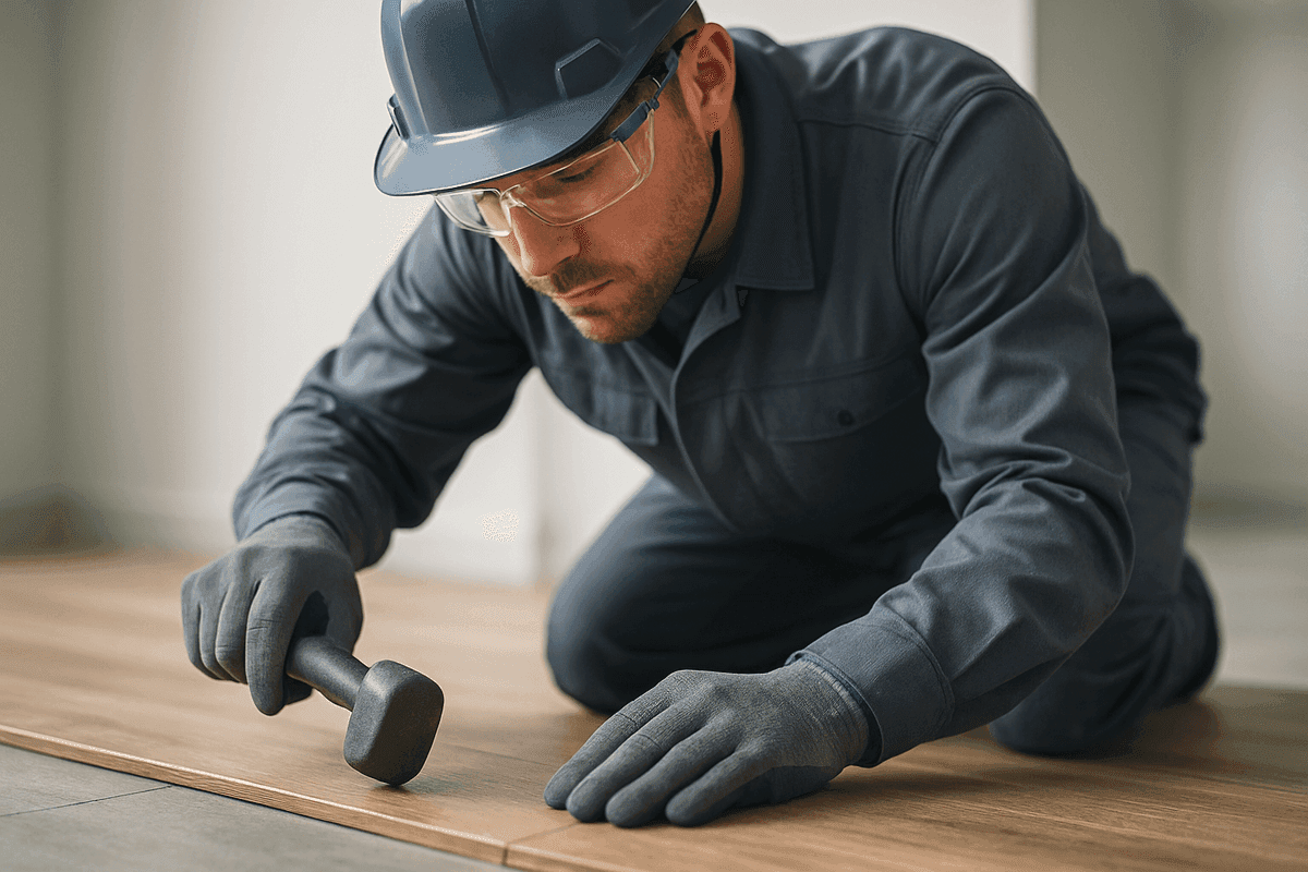 Close-up of worker wearing PPE aligning wooden floor planks in modern indoor space